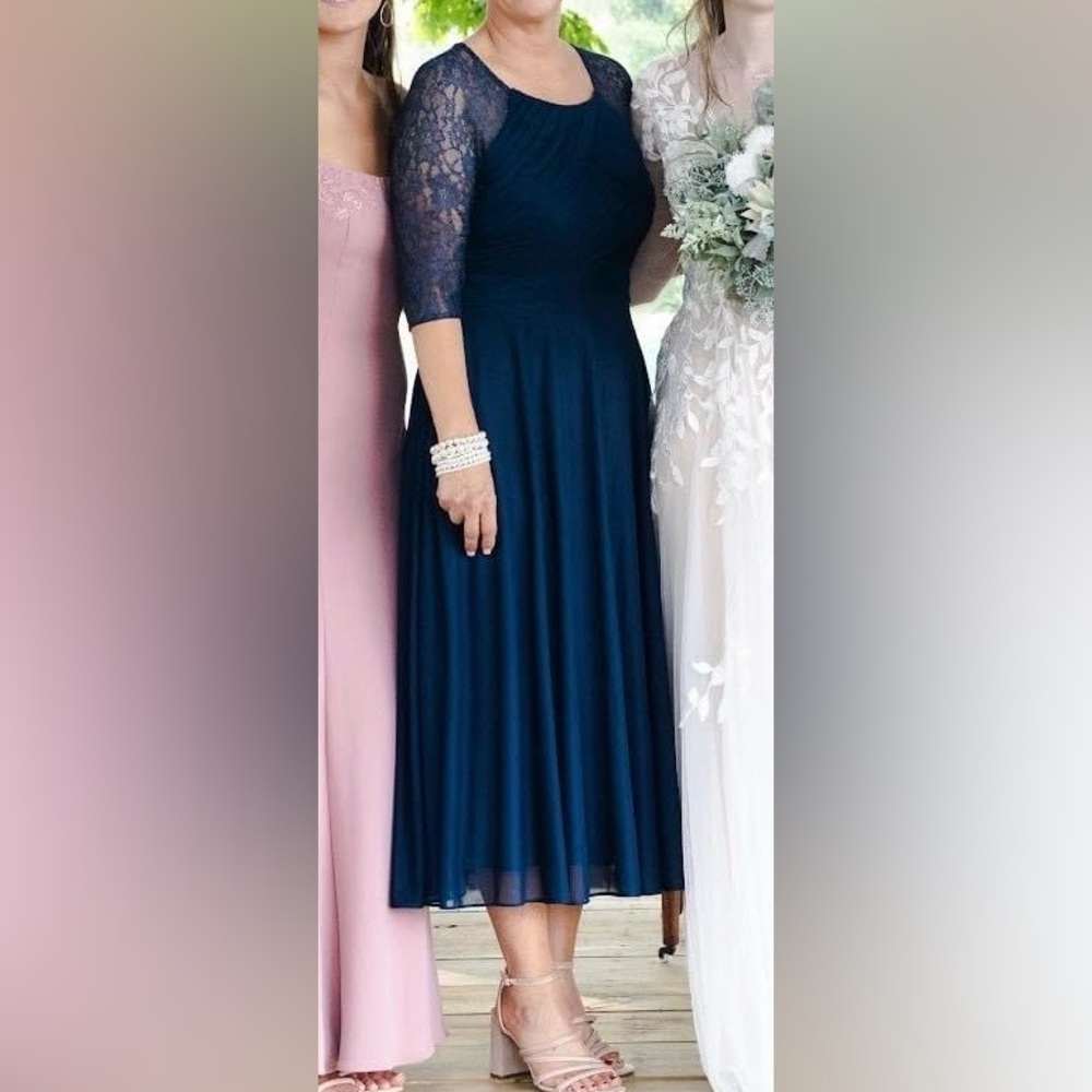Azazie Elegant Dark Blue Lace 3/4 Sleeve Tea Length Chiffon Dress